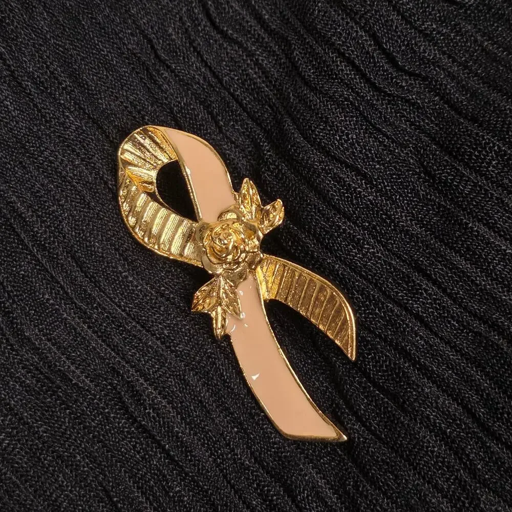Vintage Avon Pink Ribbon Rose Lapel Pin Gold Tone Breast Cancer Awareness